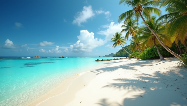 Eye-level view of a sandy beach with turquoise water and palm trees on Koh Tao