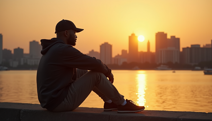 Eye-level view of a Black expat sitting alone by the Han River at sunset