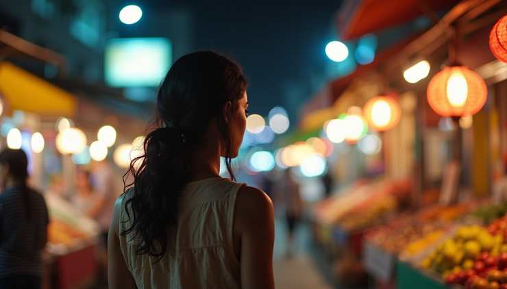 Eye-level view of a Black woman walking through a vibrant Bangkok night market filled with colorful stalls