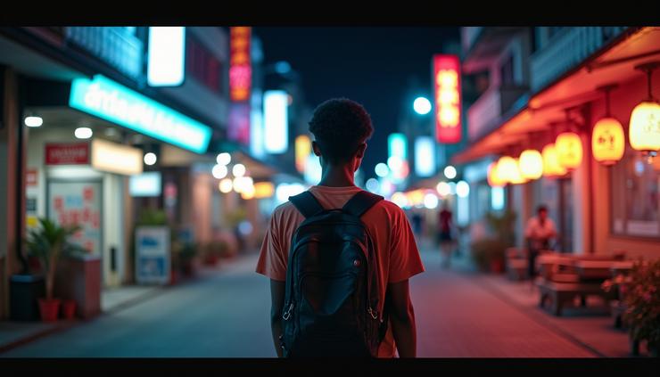 Eye-level view of a young Black traveler walking along Pattaya Walking Street at night