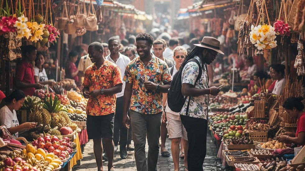 Crowded market pathway with colorful stalls in Bali