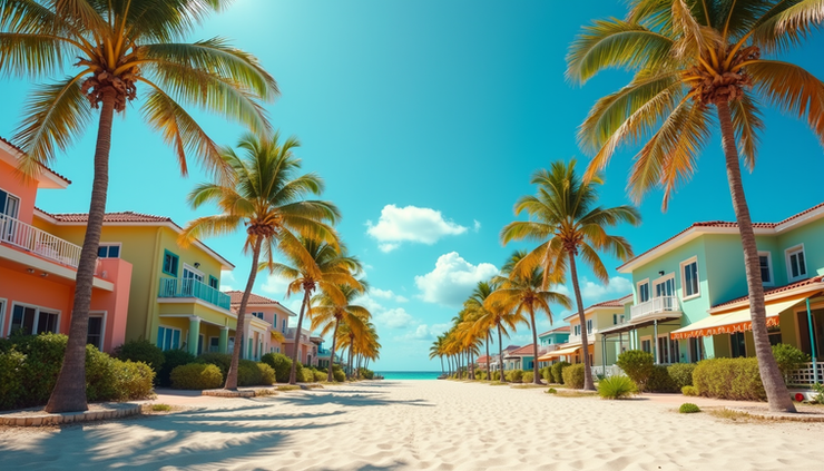 Eye-level view of a tropical beachside town with colorful houses and palm trees