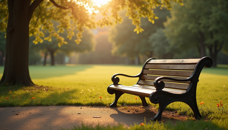 High angle view of a quiet park bench under soft sunlight, symbolizing moments of contemplation and healing