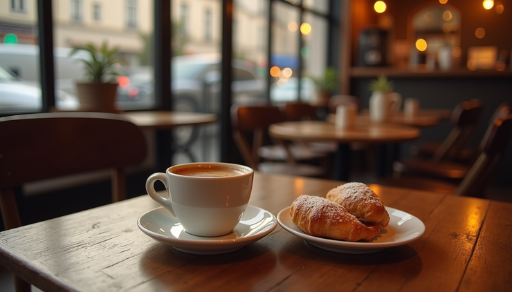 Close-up of a warm cup of coffee and French pastries on a café table in Paris