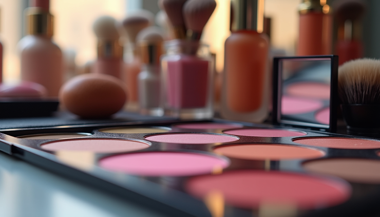 Close-up view of a colorful makeup station used by a Thai ladyboy performer