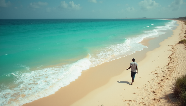 High angle view of a Kenyan beach with turquoise water and a single man walking along the shore