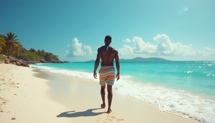 Eye-level view of a Black man walking along a tropical beach with blue ocean and sandy shore