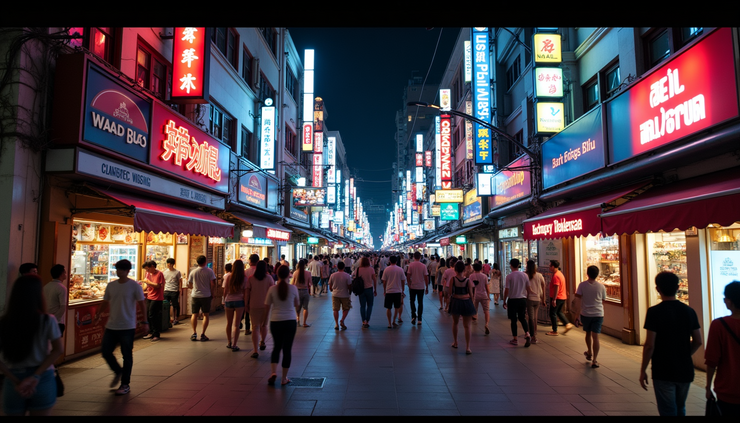 High angle view of a busy Nana Plaza street with neon signs and nightlife crowds