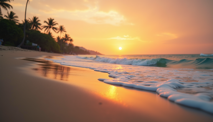 Eye-level view of Seminyak beach at sunrise with calm waves and soft orange sky