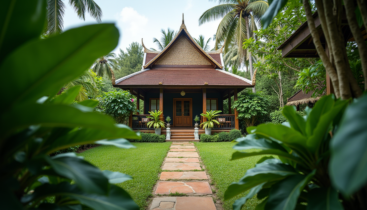 Eye-level view of a traditional Thai house with tropical plants in the foreground