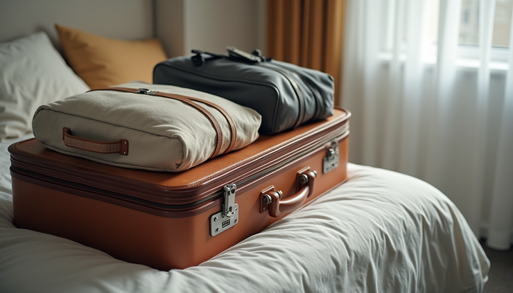 High angle view of a suitcase packed for international travel on a bed