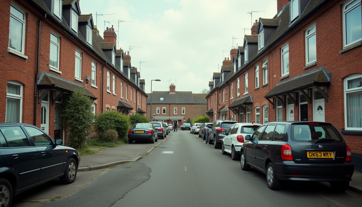Eye-level view of a worn brick housing estate in Luton with narrow streets and parked cars