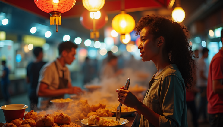 Close-up view of a Black woman enjoying Taiwanese street food at a night market