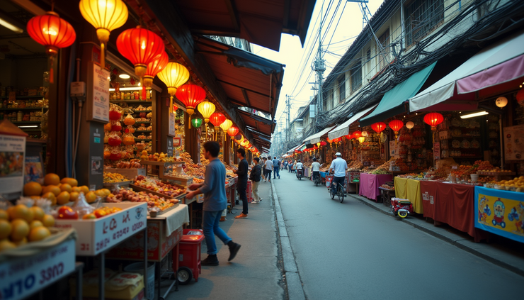Eye-level view of a busy Bangkok street market with colorful stalls and hanging lanterns