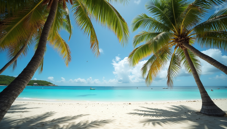 Wide angle view of tropical beach with palm trees in Barbados