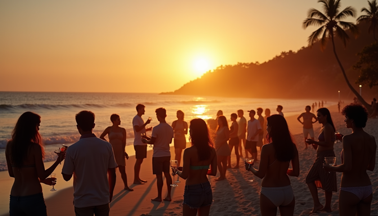 High angle view of a Balinese beach with a group of people enjoying a sunset gathering