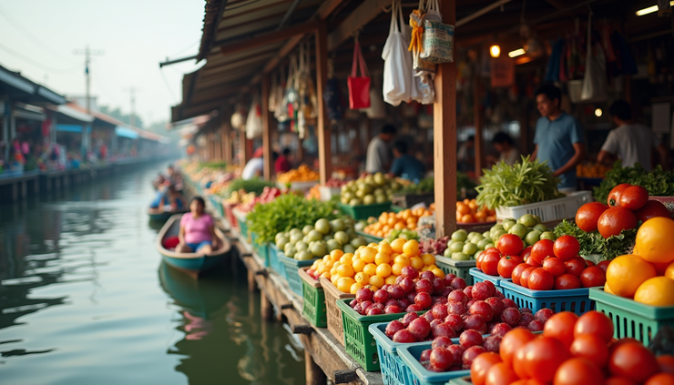 High angle view of colorful stalls at Pattaya Floating Market