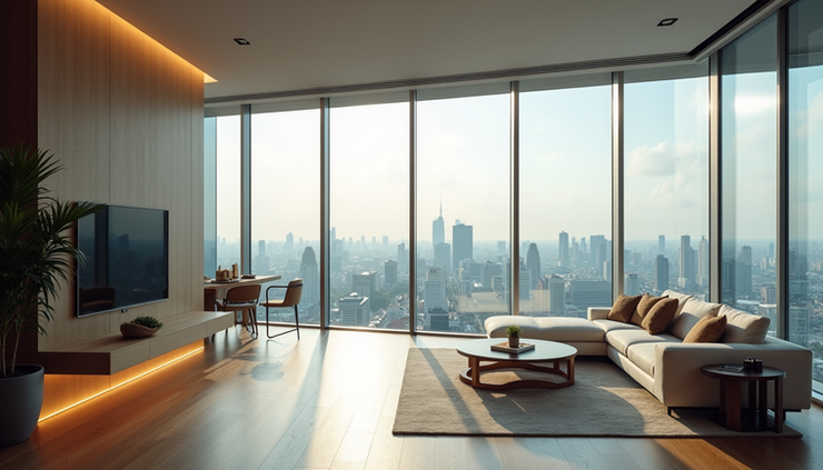 Eye-level view of a modern luxury condo living room with panoramic city views