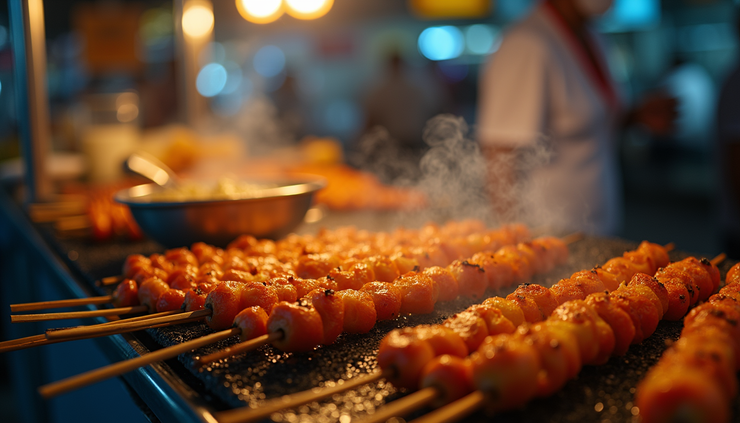 Close-up view of street food stall with Filipino delicacies at Manila night market