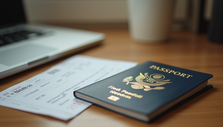 Close-up view of a travel passport and plane ticket on a wooden table