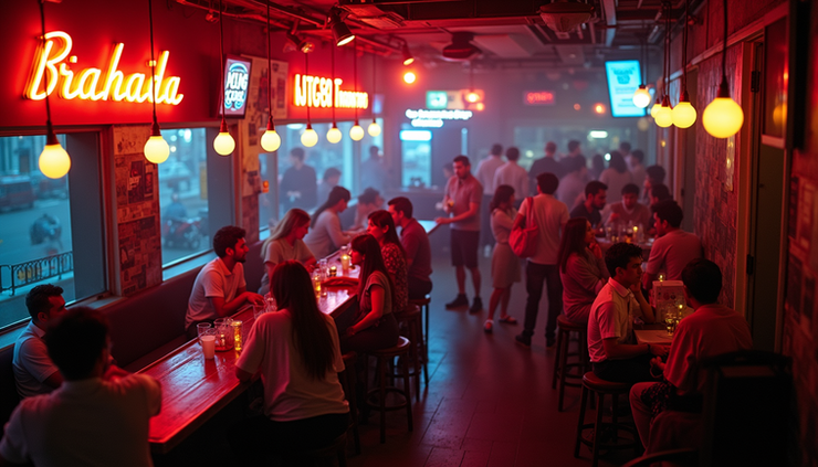 High angle view of a crowded bar on Walking Street with neon lights and patrons enjoying the night