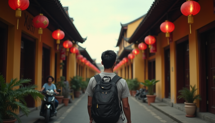 Eye-level view of a Black traveler exploring the ancient town of Hoi An with lanterns hanging above