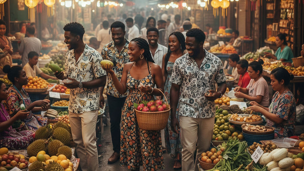 Eye-level view of a colorful street market in Thailand with local vendors and fresh produce