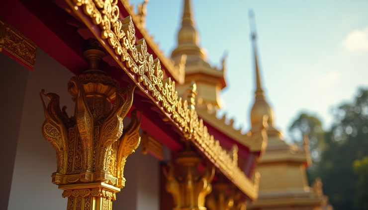 Close-up view of a traditional Thai temple roof with intricate gold details