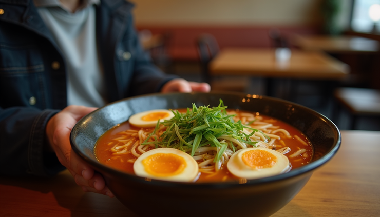 Close-up of Black traveler holding a bowl of ramen in a cozy Tokyo café