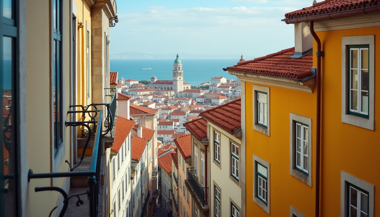 High angle view of colorful streets in a European city with historic buildings