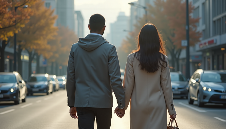 Eye-level view of a Black man and Korean woman walking hand in hand on a quiet Seoul street