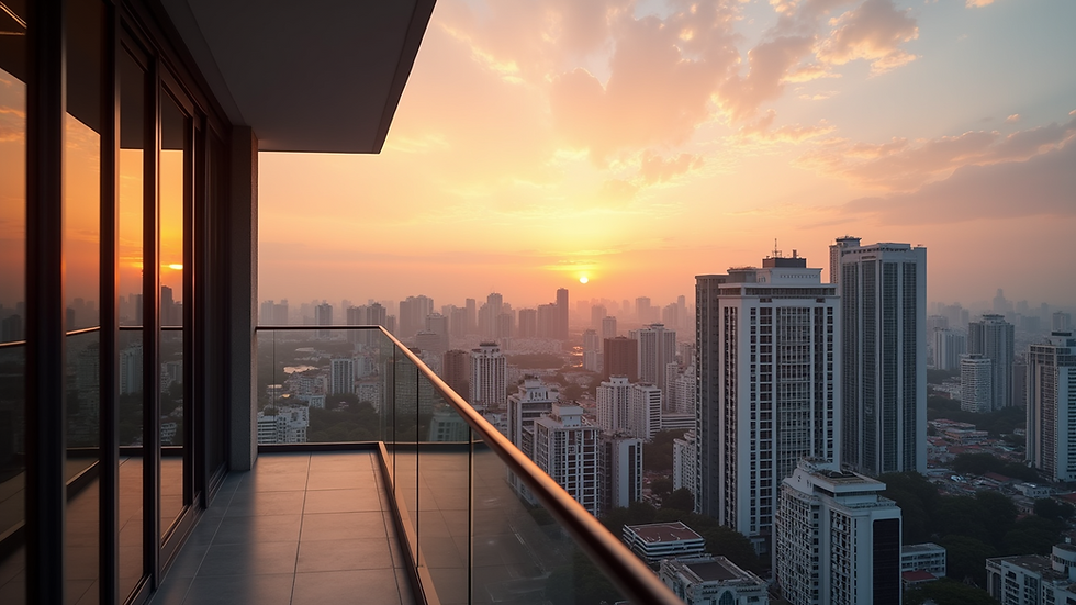 Eye-level view of a modern condo balcony overlooking Bangkok cityscape at sunset