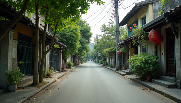 Eye-level view of a quiet residential street in Hanoi with traditional houses and greenery