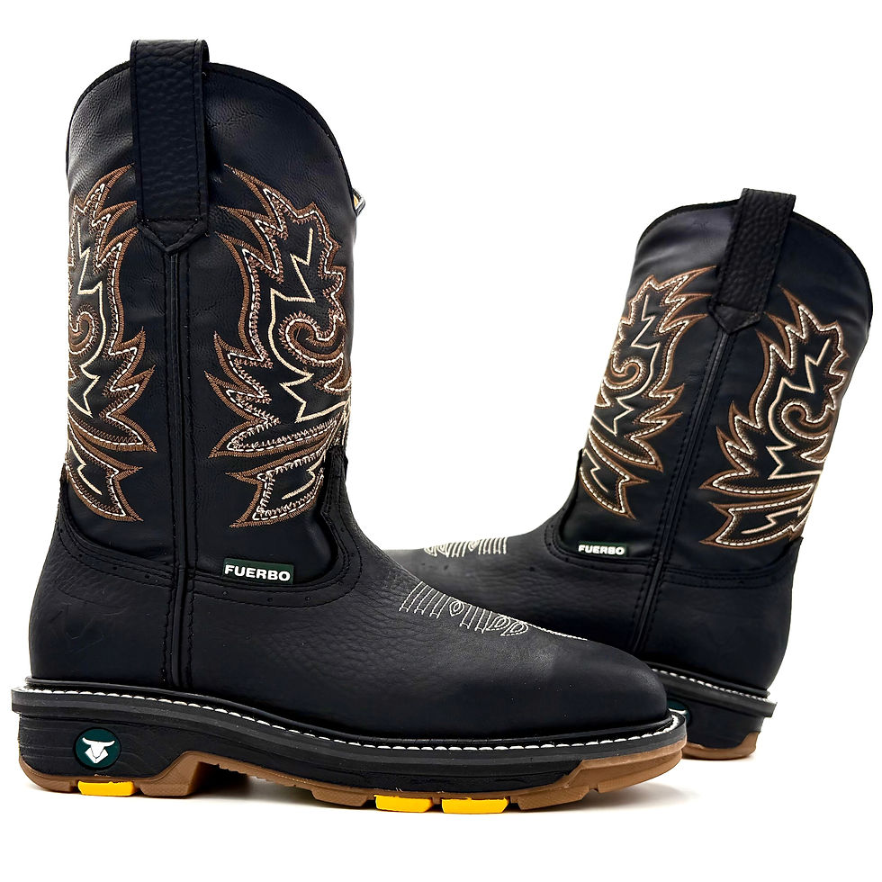 Miniatura: Fuerbo 5061 black full grain leather rodeo work boots pair with embroidered shaft