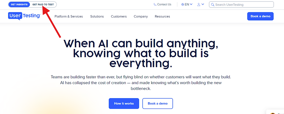 UserTesting homepage showing the option to sign up and become a paid tester with a red arrow pointing to the button "Get Paid to Test"