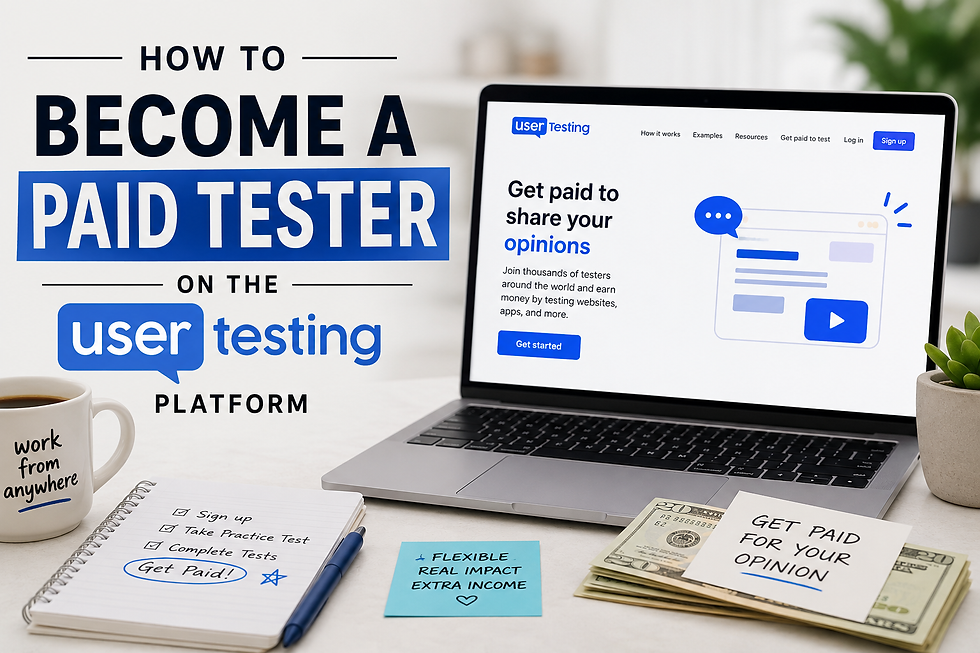 a picture of a computer, mug, money and sticky notes, with words on screen how to become a paid tester on the UserTesting platform