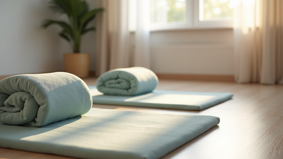 Close-up view of a serene therapy space with mats and bolsters designed for pelvic floor rehabilitation