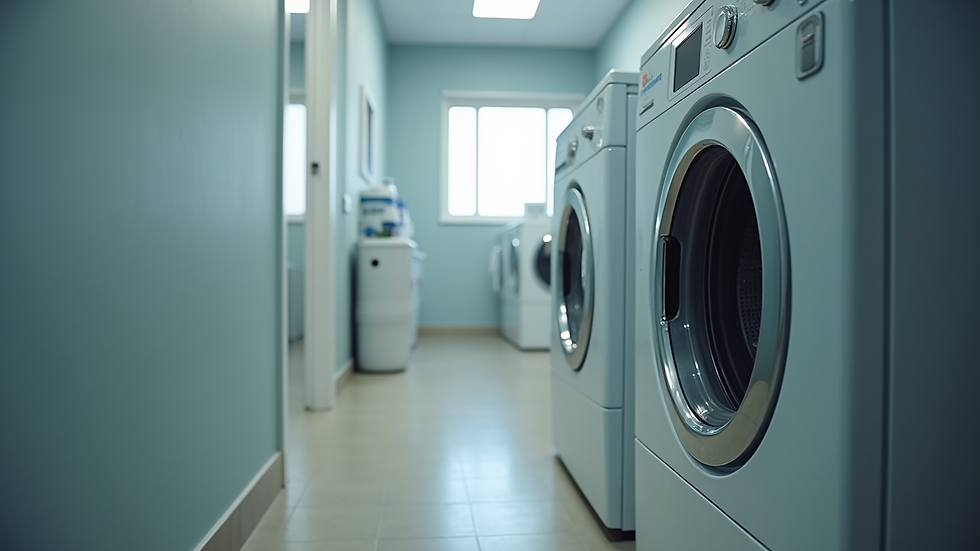 Eye-level view of a washing machine in a laundry room
