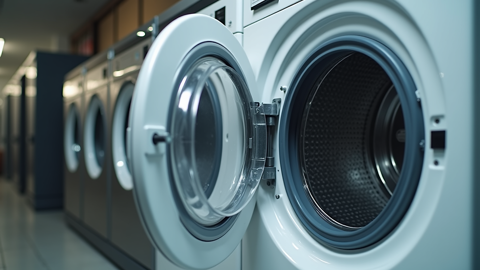 Eye-level view of a washing machine with open door and clean interior