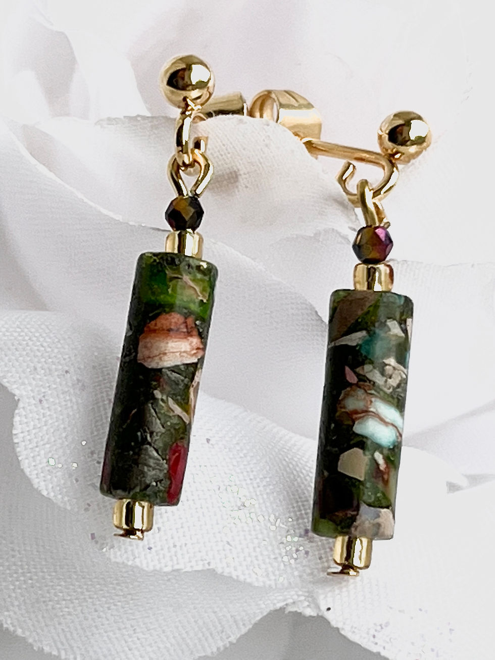 Imperial Jasper earrings with glass beads on gold plate ear posts