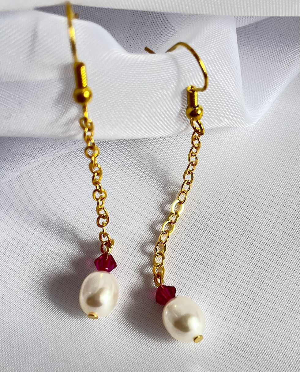 Freshwater pearl and fuchsia pink Austrian crystal glass bead earrings  on gold plate chain