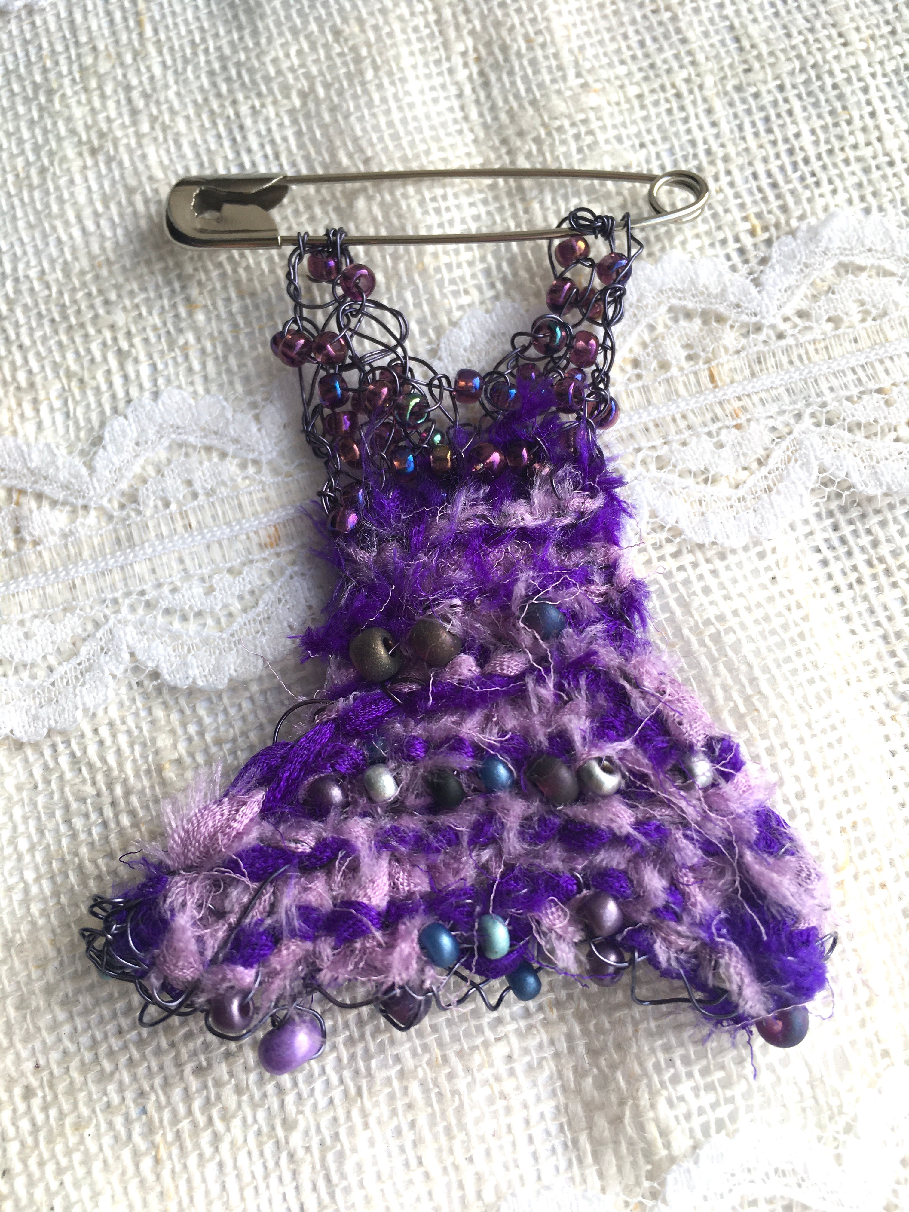 Knitted Purple mixed media dress brooch