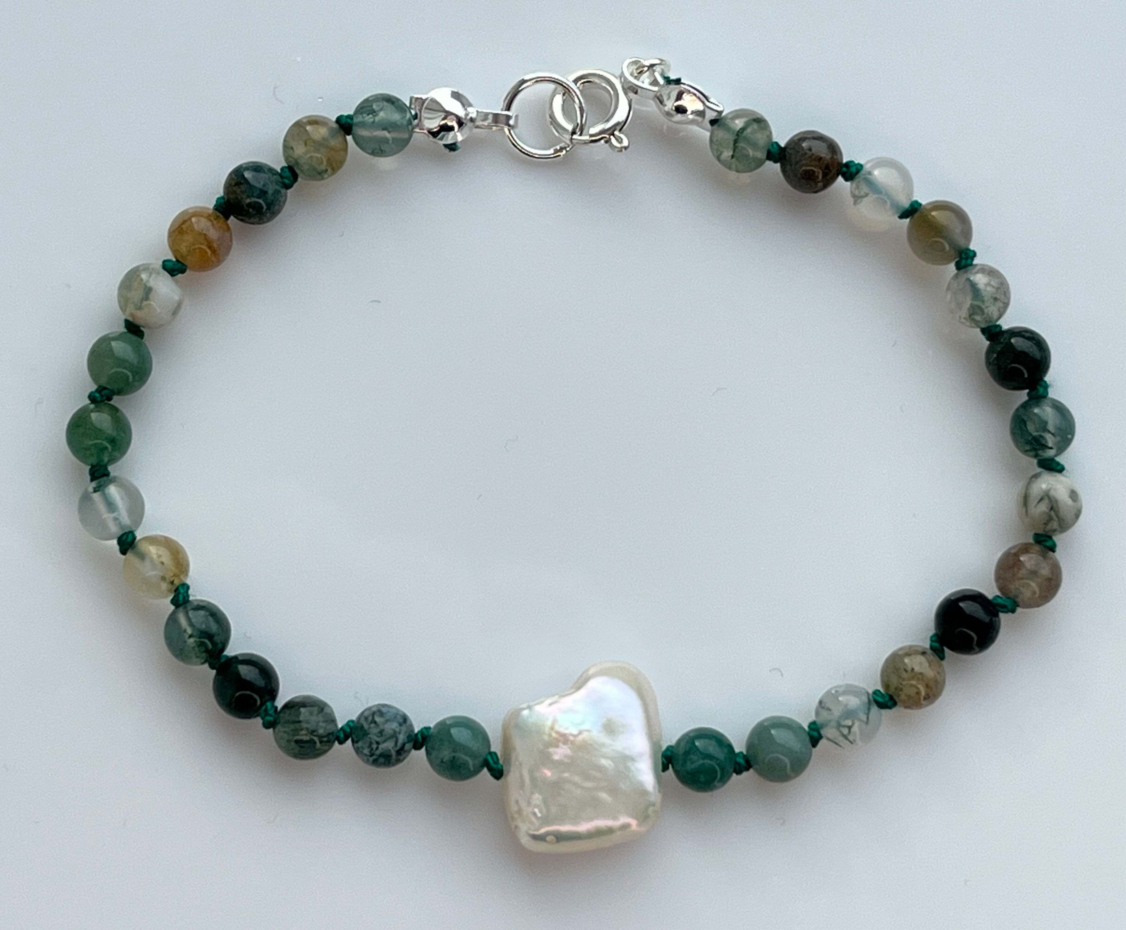 Green agate and freshwater pearl bracelet - handmade bead jewellery by Angela Smith Jewellery