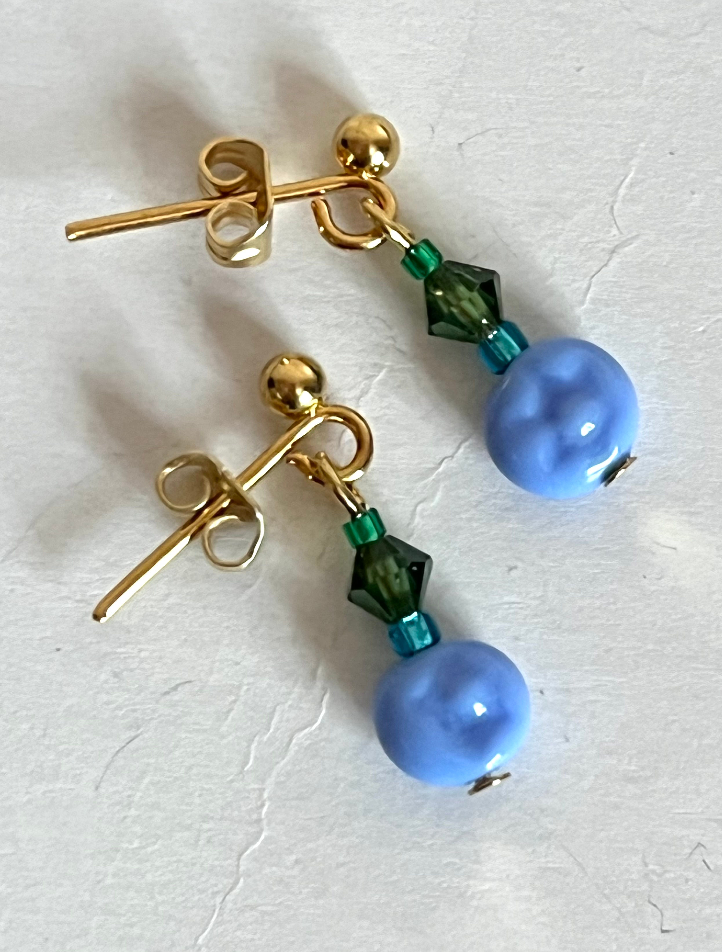 Vintage blue glass bead earrings with Austrian crystal beads