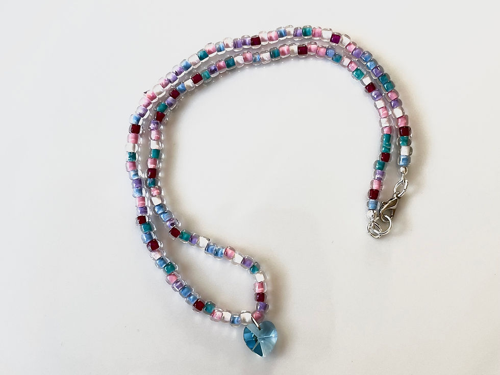 Light sapphire blue crystal glass bead heart  on pastel bead chainnecklace