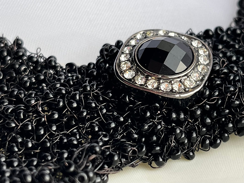 Thumbnail: black bow tie brooch knitted with wire and glass beads