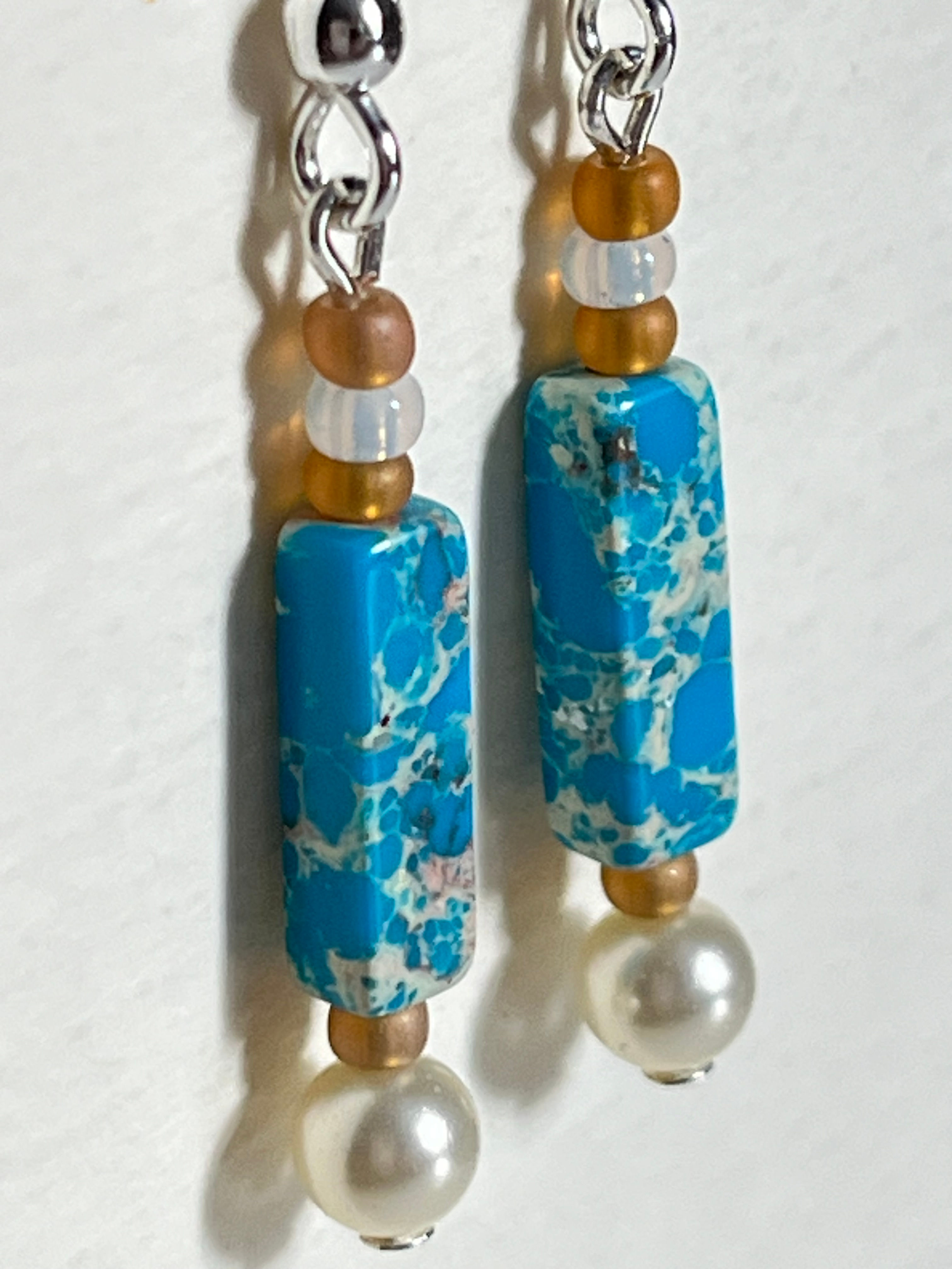Turquoise blue sea sediment jasper and glass pearl earrings by Angela Smith Jewellery