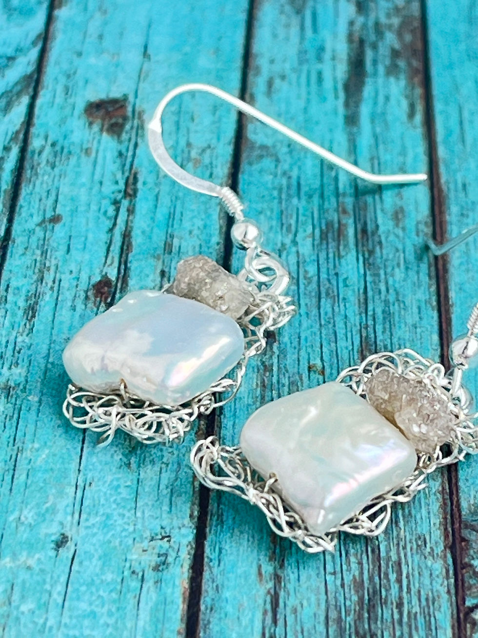 Thumbnail: freshwater pearl and diamond nugget bead on hand knitted wire earrings