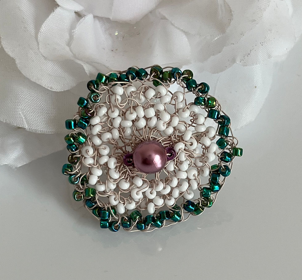 Thumbnail: Purple, White and Green Crocheted wire and glass bead brooch