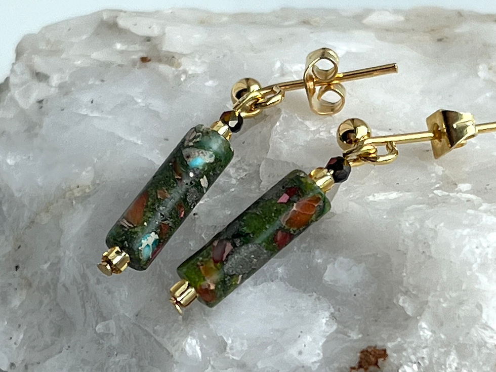 Thumbnail: Imperial Jasper earrings with glass beads on gold plate ear posts